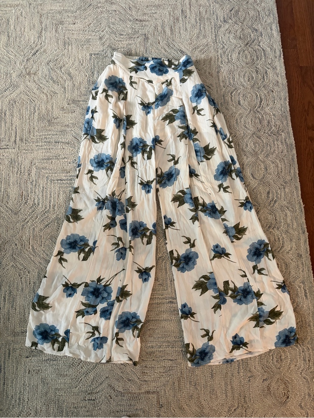 American Eagle Outfitters White Wide-Leg Pants with Blue Floral Print